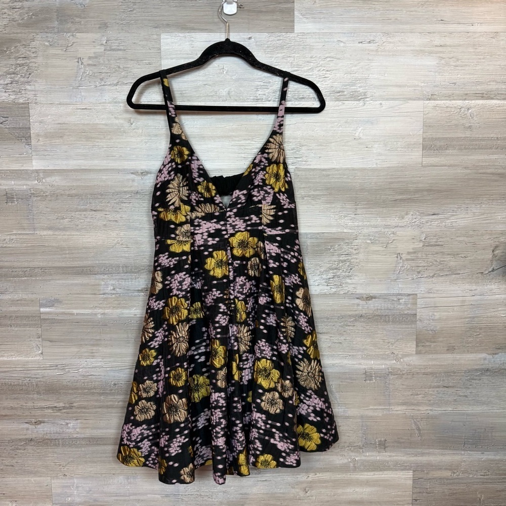 By Anthropologie Metallic Floral Brocade Mini Dress Gold Lilac Size 4